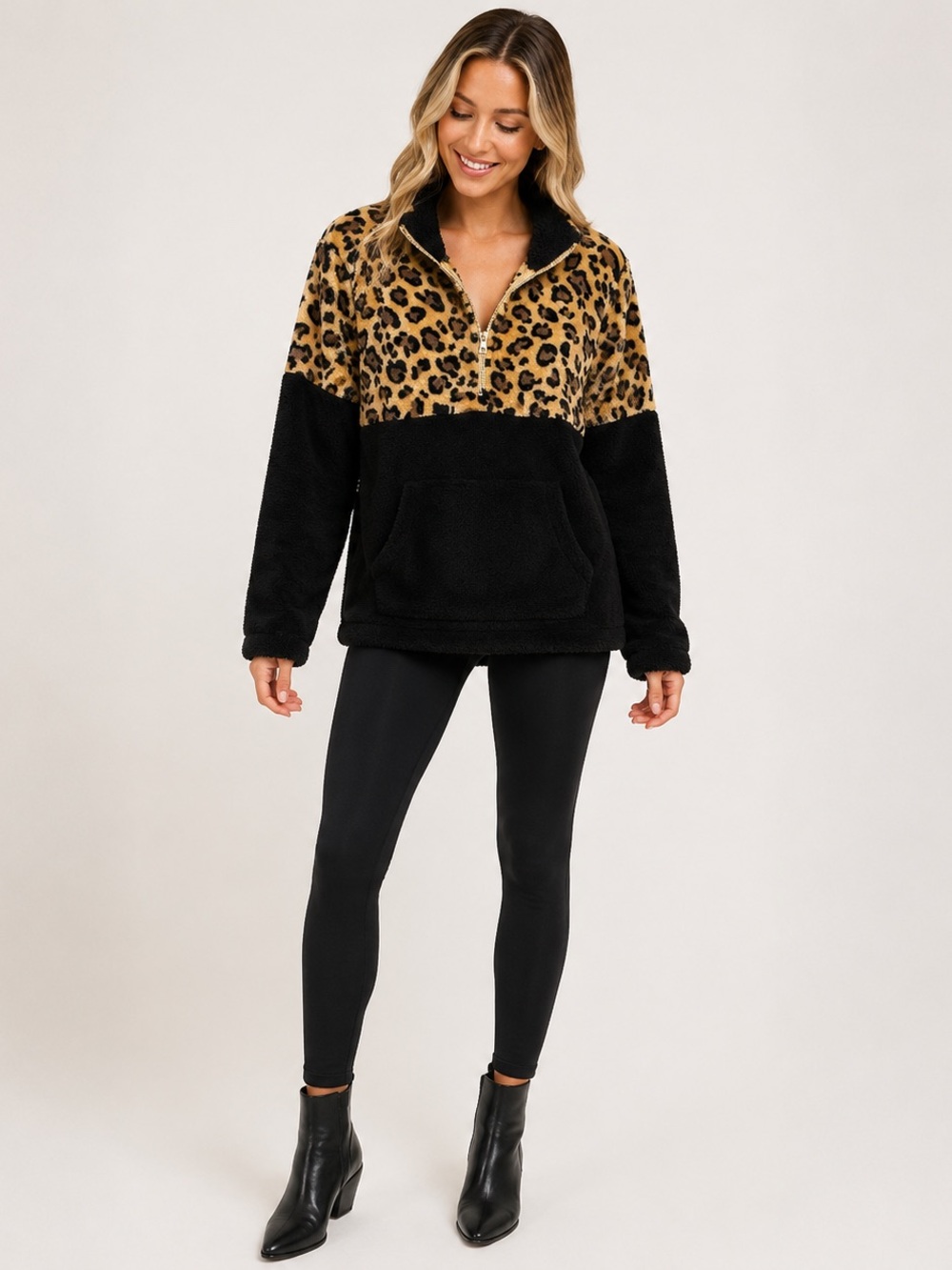 Leopard Colorblock Sherpa Pullover Hoodie - Black & Tan